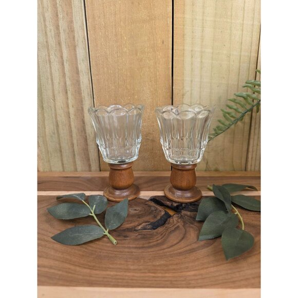 Vintage Glass Candle Holders With Wooden Bases - Elegant Scalloped Design - Perf - Picture 3 of 10